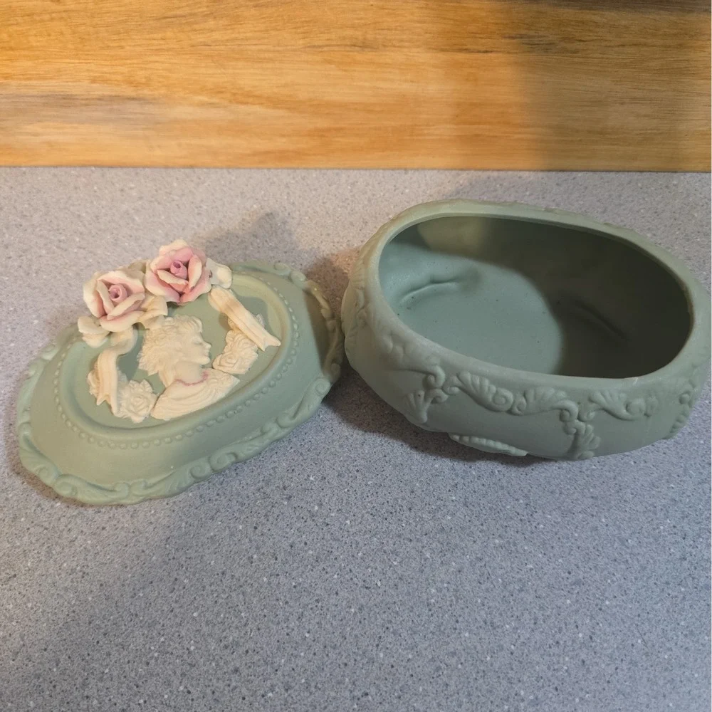 Vintage Victorian Cameo Trinket Box, Sage Green And Ivory Matte, Vanity Decor